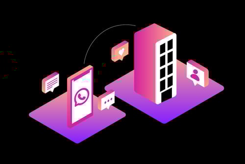 Illustration of WhatsApp logo inside smartphone next to a business building
