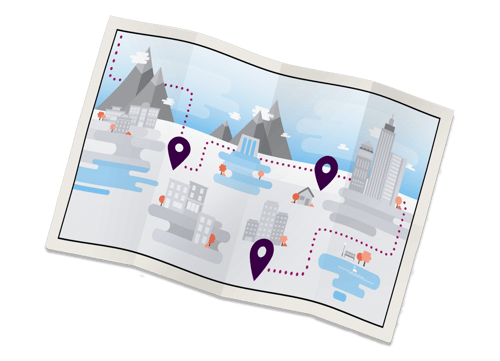 a map, tilted, with dots to show the path of three different destinations; this is used to promote the Vonage Global Customer Engagement Report 2025